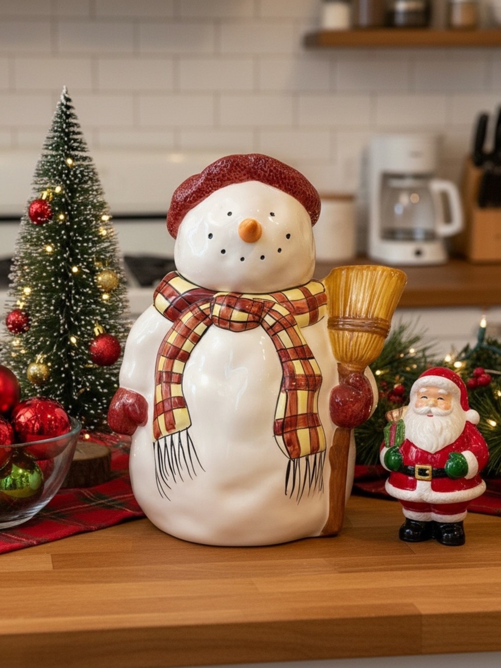 Sakura Debbied Mumm White Snowman Cookie Jar Red Hat lid Plaid Scarf Christmas